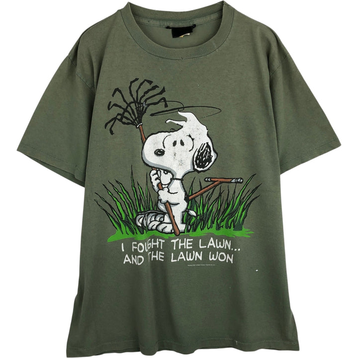 SNOOPY character print T-shirt, made in the USA, men's size L. cotton Khaki type Vintage Second Hand