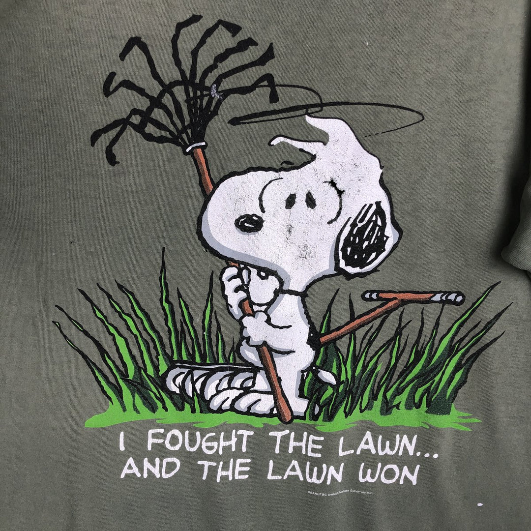 SNOOPY character print T-shirt, made in the USA, men's size L. cotton Khaki type Vintage Second Hand
