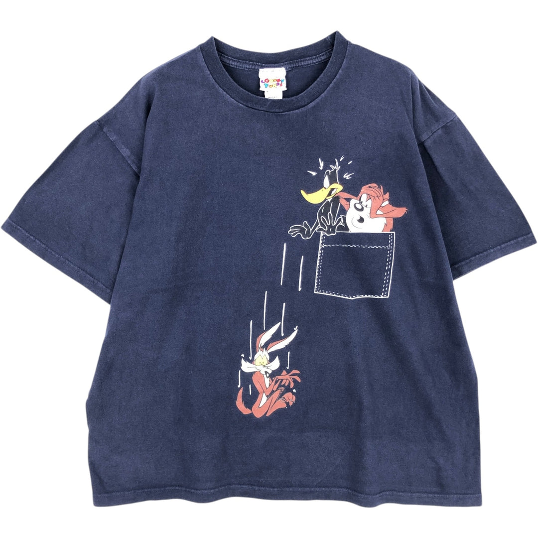 90'S Looney Tunes character print T-shirt, men's size L equivalent, vintage. cotton navy blue type Vintage Second Hand