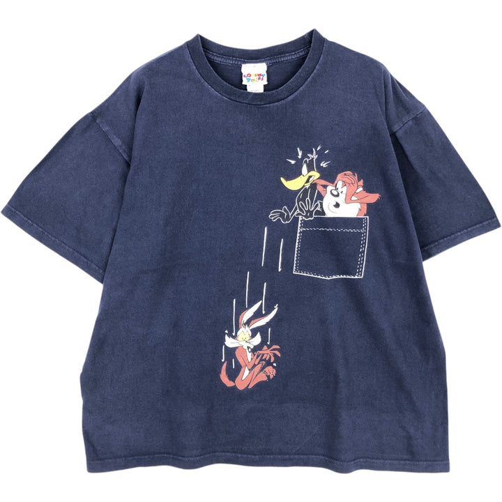 90'S Looney Tunes character print T-shirt, men's size L equivalent, vintage. cotton navy blue type Vintage Second Hand