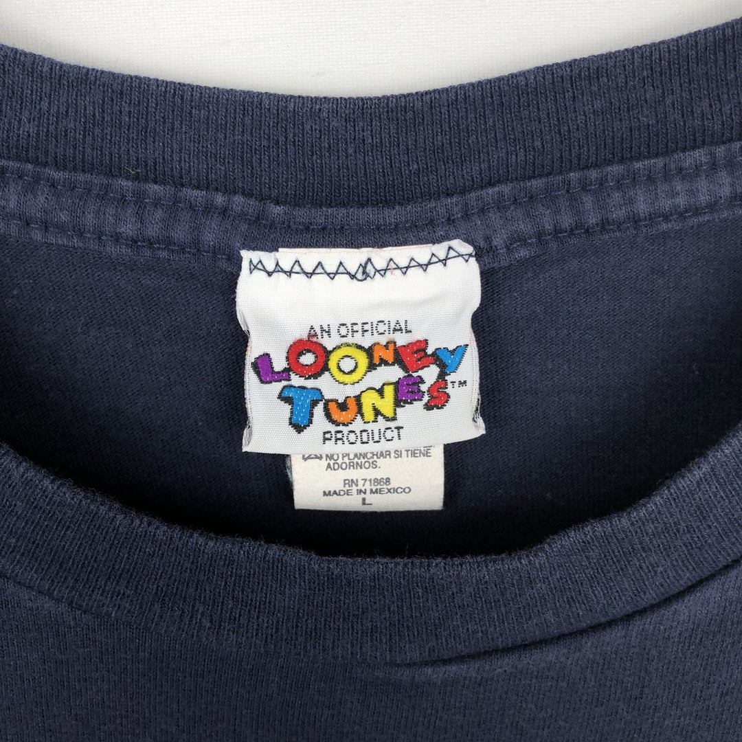 90'S Looney Tunes character print T-shirt, men's size L equivalent, vintage. cotton navy blue type Vintage Second Hand