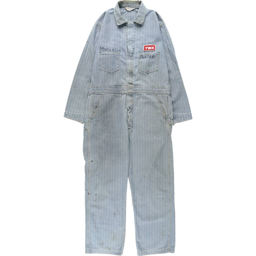 ~90'S Key Imperial Stripe Pattern Long-Sleeve All-in-One Jumpsuit Men's Size L (Equivalent) Vintage unclear blue type Vintage Second Hand