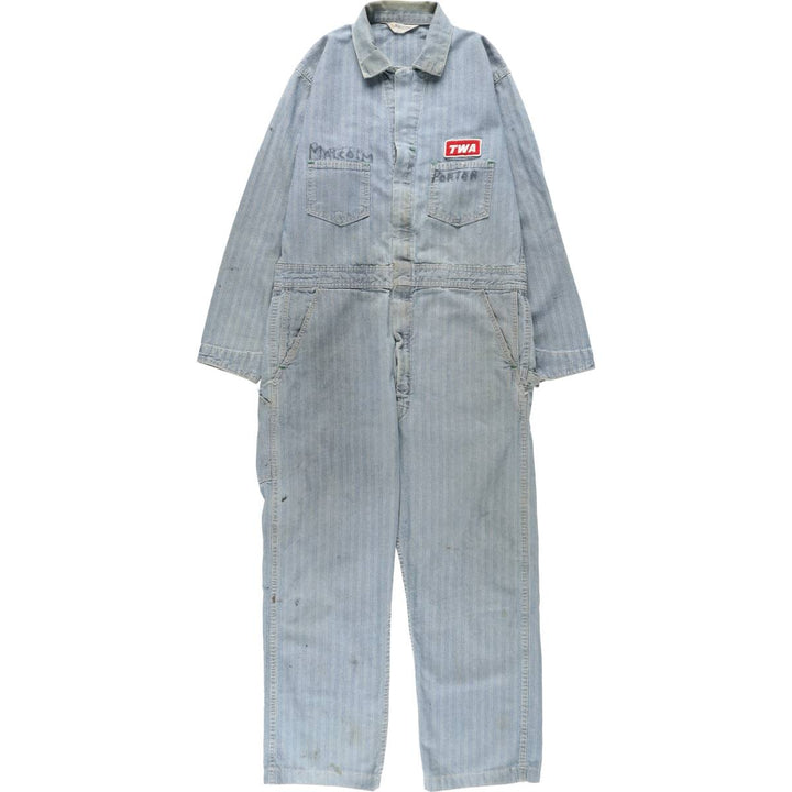 ~90'S Key Imperial Stripe Pattern Long-Sleeve All-in-One Jumpsuit Men's Size L (Equivalent) Vintage unclear blue type Vintage Second Hand