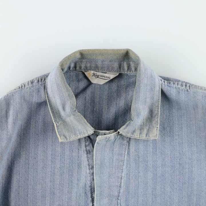 ~90'S Key Imperial Stripe Pattern Long-Sleeve All-in-One Jumpsuit Men's Size L (Equivalent) Vintage unclear blue type Vintage Second Hand