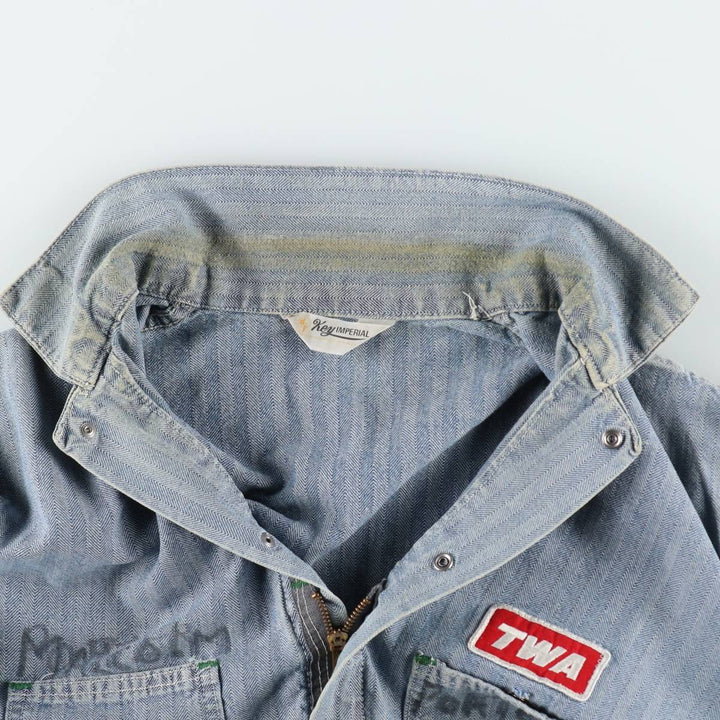~90'S Key Imperial Stripe Pattern Long-Sleeve All-in-One Jumpsuit Men's Size L (Equivalent) Vintage unclear blue type Vintage Second Hand