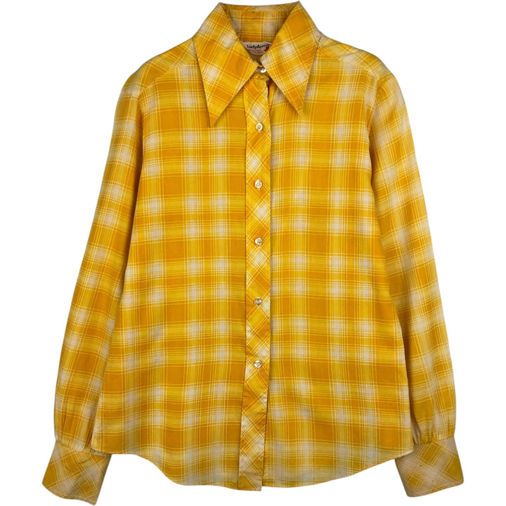 1970'S Arrow Lady Arrow Long-Sleeve Rayon x Cotton Check Shirt, Women's Size M (approx.), Vintage Rayon yellow type Vintage Second Hand