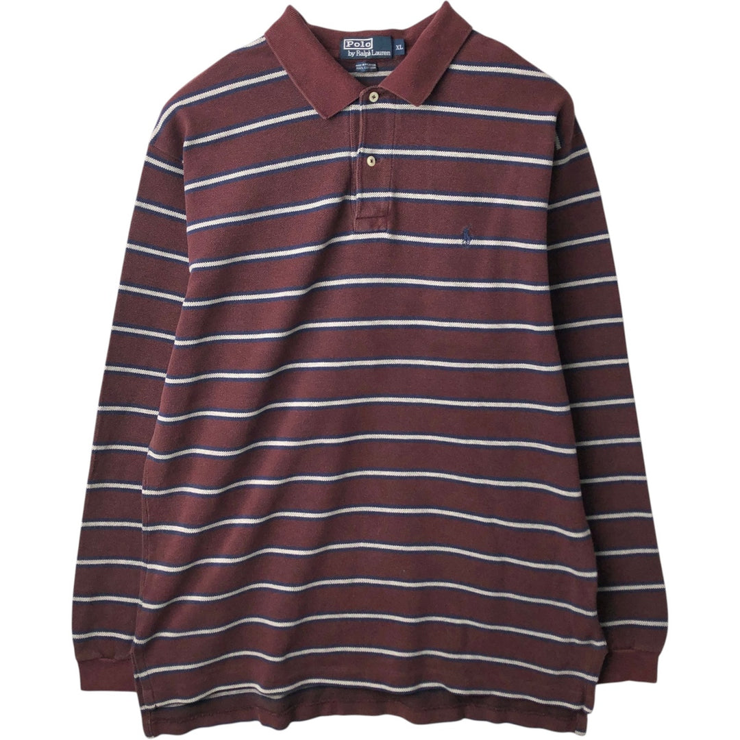 Ralph Lauren POLO by Ralph Lauren multi-border long-sleeved polo shirt, men's size XL cotton wine-red Vintage Second Hand