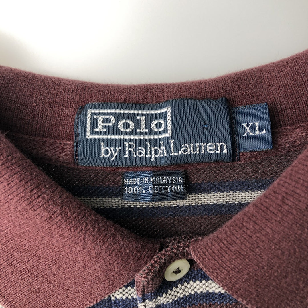 Ralph Lauren POLO by Ralph Lauren multi-border long-sleeved polo shirt, men's size XL cotton wine-red Vintage Second Hand