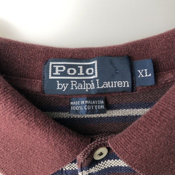 Ralph Lauren POLO by Ralph Lauren multi-border long-sleeved polo shirt, men's size XL cotton wine-red Vintage Second Hand