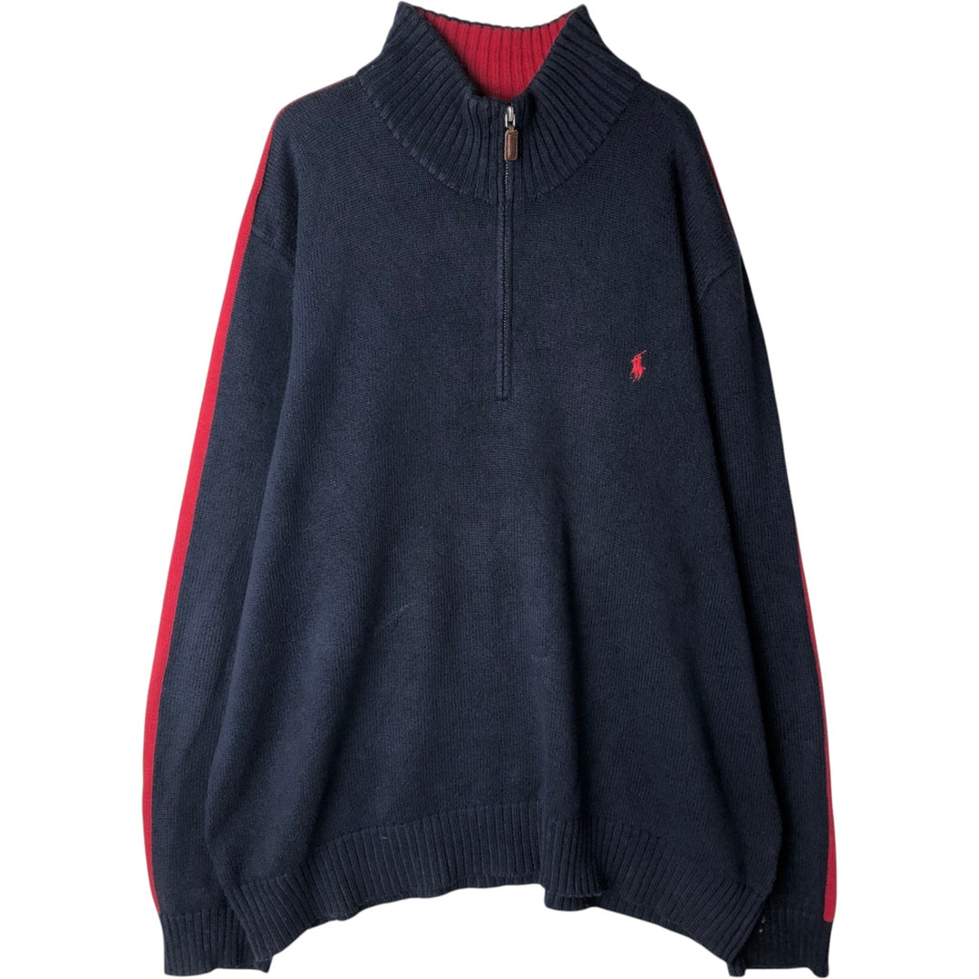Ralph Lauren POLO by Ralph Lauren Cotton Knit Half-Zip Sweater with One-Point Logo, Size XXL (Equivalent to Men's XXL) cotton navy blue type Vintage Second Hand