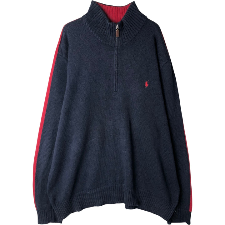 Ralph Lauren POLO by Ralph Lauren Cotton Knit Half-Zip Sweater with One-Point Logo, Size XXL (Equivalent to Men's XXL) cotton navy blue type Vintage Second Hand