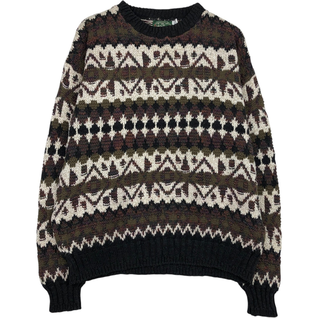Susquehanna Trail Outfitters Fair Isle Pattern Cotton Knit Sweater, Made in USA, Men's Size L (approx.), Vintage cotton Khaki type Vintage Second Hand