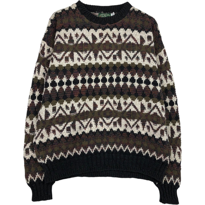 Susquehanna Trail Outfitters Fair Isle Pattern Cotton Knit Sweater, Made in USA, Men's Size L (approx.), Vintage cotton Khaki type Vintage Second Hand