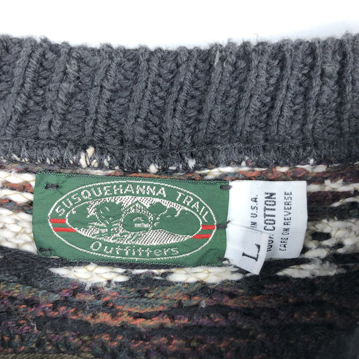 Susquehanna Trail Outfitters Fair Isle Pattern Cotton Knit Sweater, Made in USA, Men's Size L (approx.), Vintage cotton Khaki type Vintage Second Hand