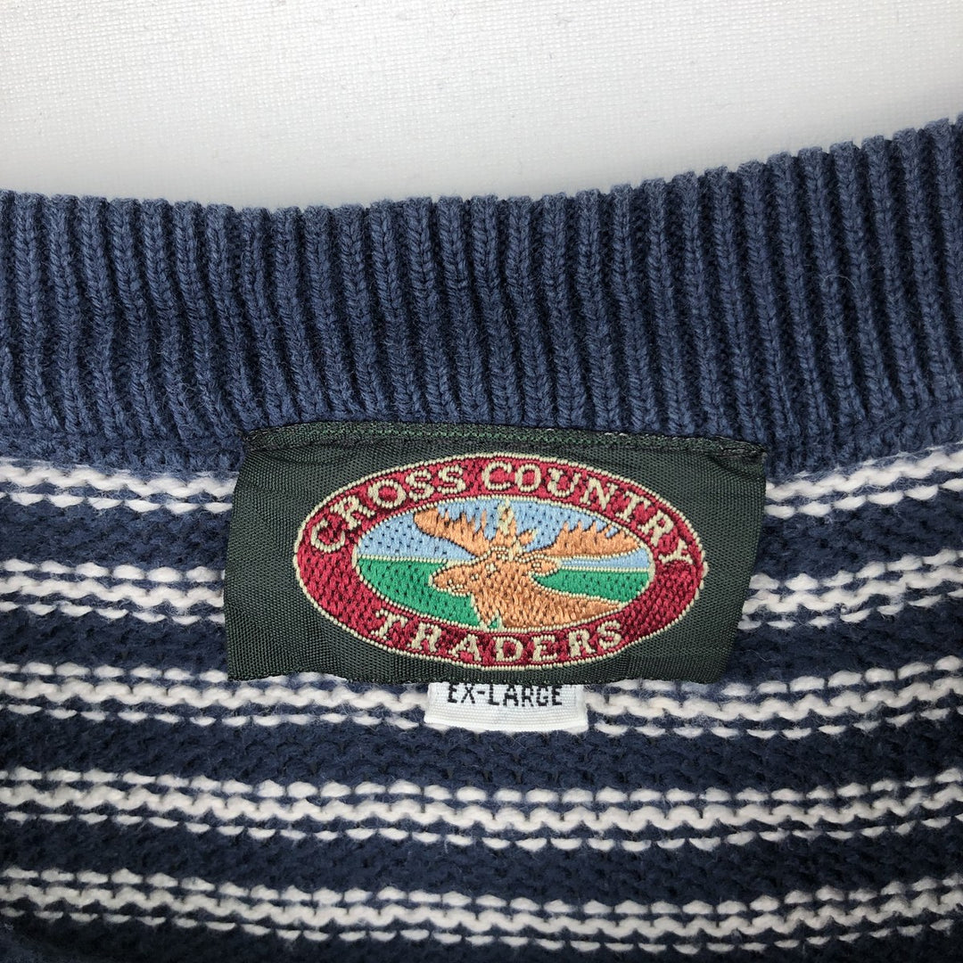 CROSS COUNTRY TRADERS Border Pattern Cotton Knit Sweater, Made in USA, Men's Size XL (approx.) cotton navy blue type Vintage Second Hand