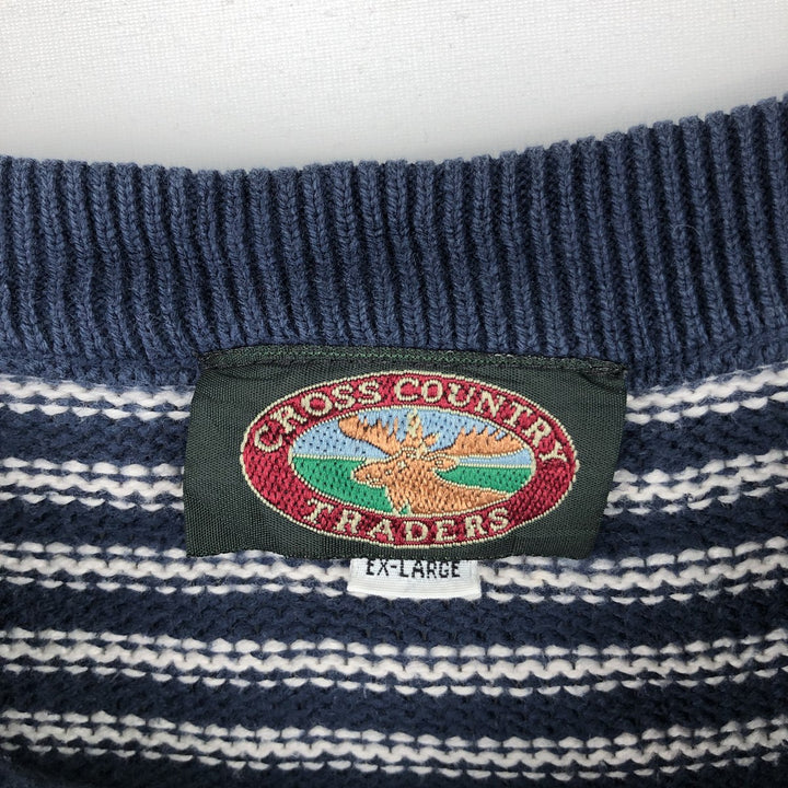 CROSS COUNTRY TRADERS Border Pattern Cotton Knit Sweater, Made in USA, Men's Size XL (approx.) cotton navy blue type Vintage Second Hand