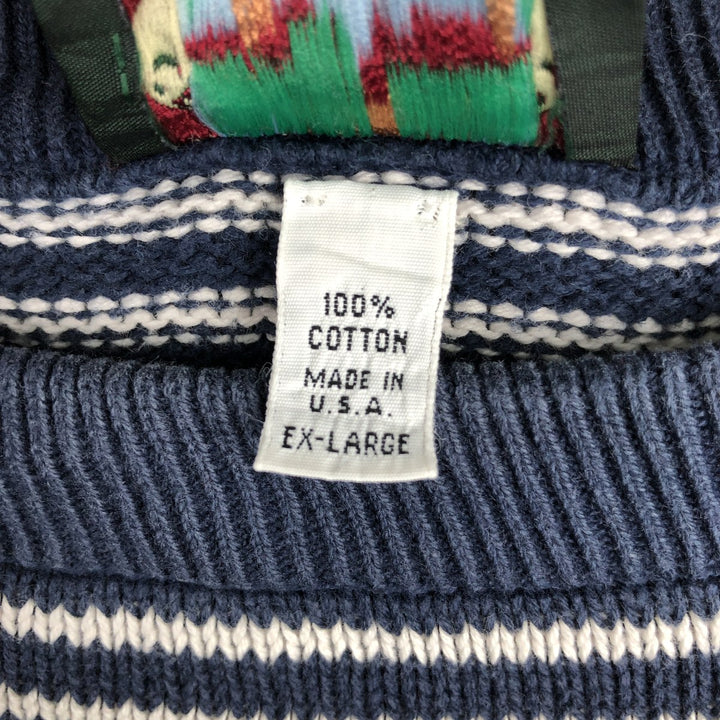 CROSS COUNTRY TRADERS Border Pattern Cotton Knit Sweater, Made in USA, Men's Size XL (approx.) cotton navy blue type Vintage Second Hand