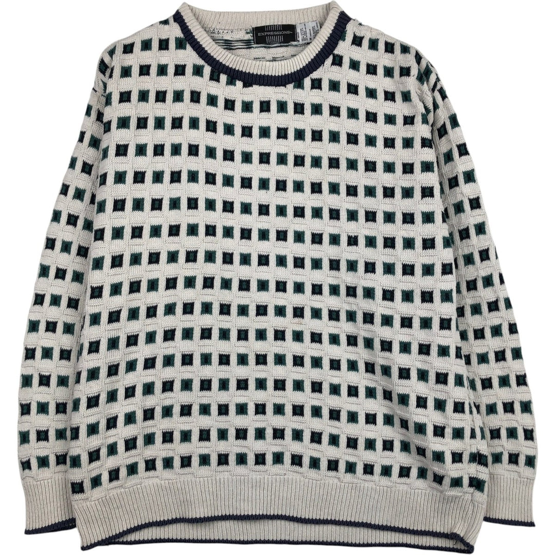 EXPRESSIONS all-over print cotton knit sweater, made in the USA, men's size M equivalent. cotton white type Vintage Second Hand