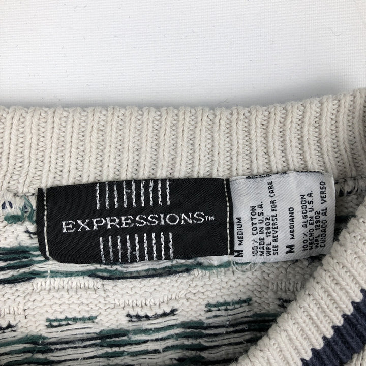 EXPRESSIONS all-over print cotton knit sweater, made in the USA, men's size M equivalent. cotton white type Vintage Second Hand