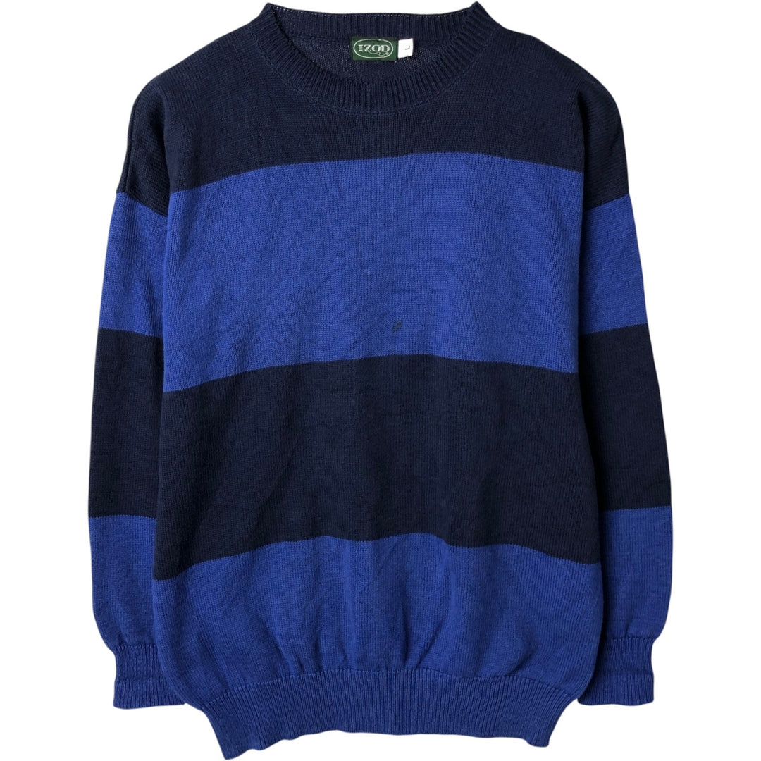 IZOD Border Pattern Cotton Knit Sweater, Made in USA, Men's Size L (approx.) unclear blue type Vintage Second Hand