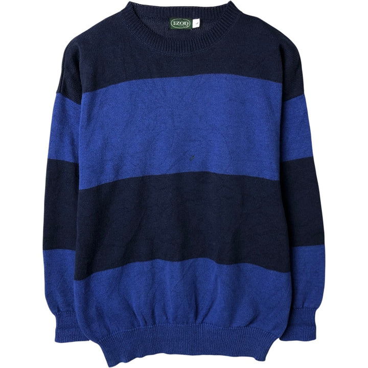IZOD Border Pattern Cotton Knit Sweater, Made in USA, Men's Size L (approx.) unclear blue type Vintage Second Hand