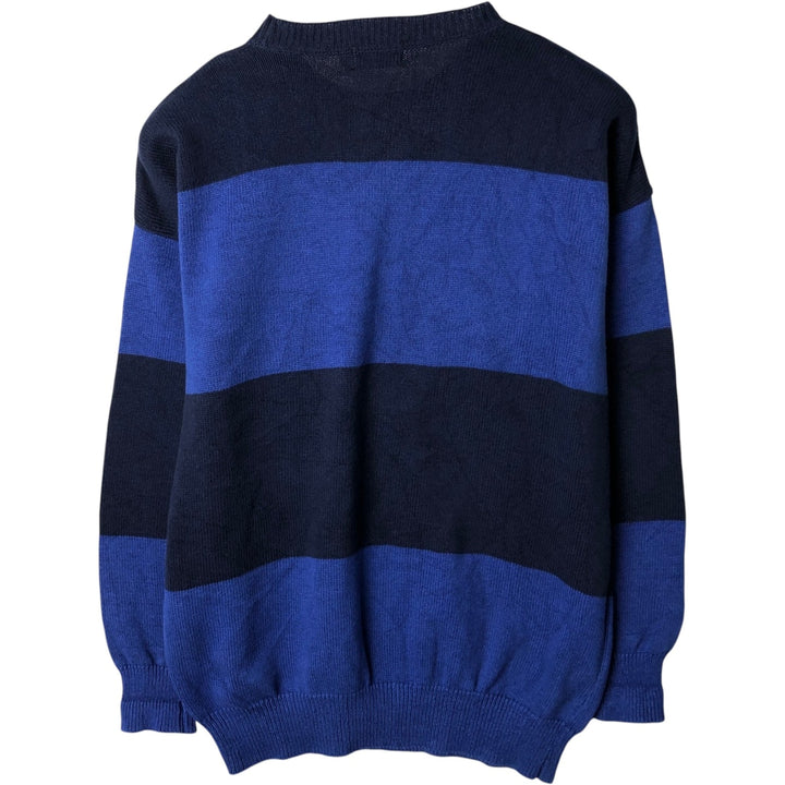 IZOD Border Pattern Cotton Knit Sweater, Made in USA, Men's Size L (approx.) unclear blue type Vintage Second Hand