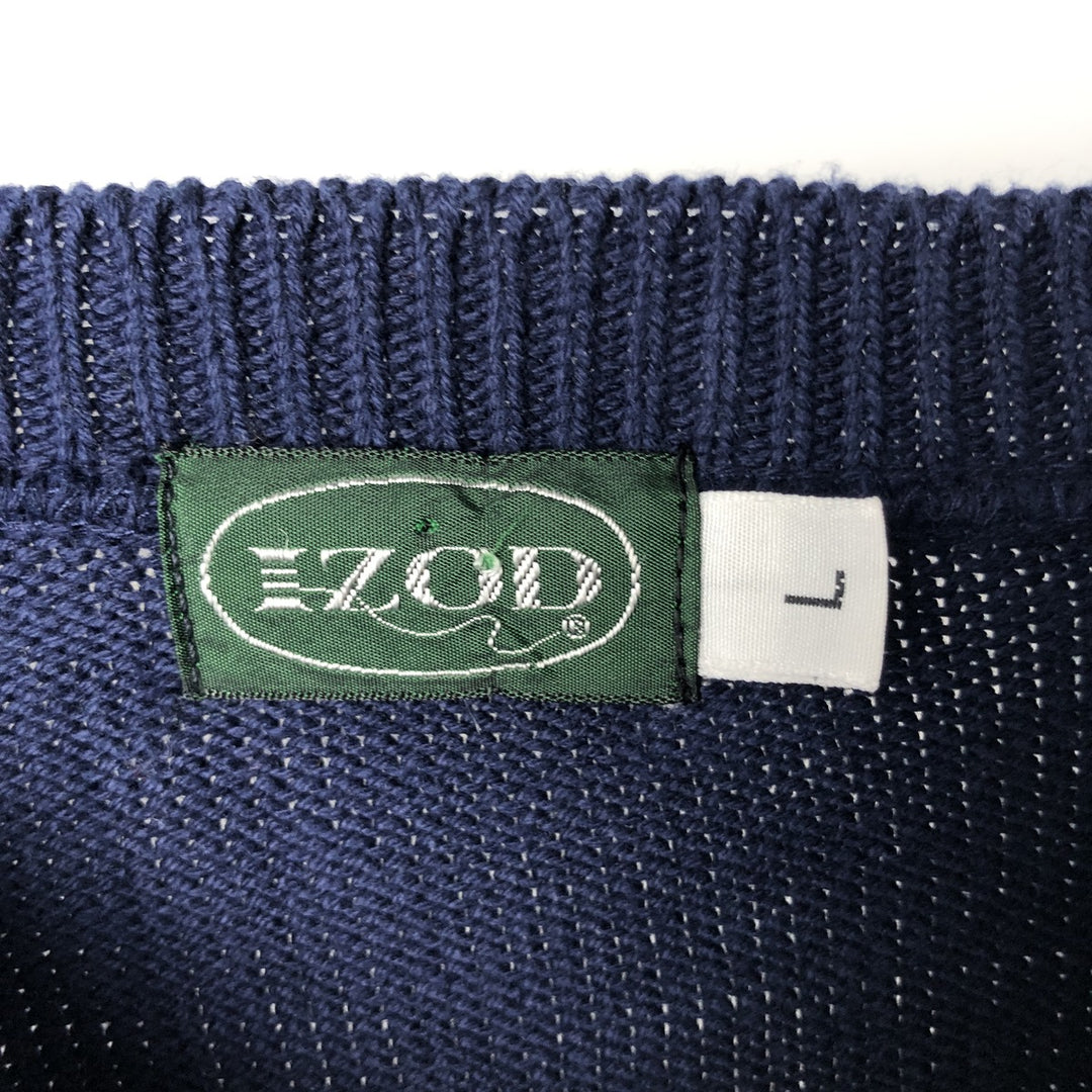 IZOD Border Pattern Cotton Knit Sweater, Made in USA, Men's Size L (approx.) unclear blue type Vintage Second Hand