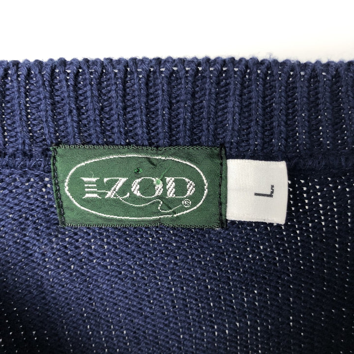 IZOD Border Pattern Cotton Knit Sweater, Made in USA, Men's Size L (approx.) unclear blue type Vintage Second Hand