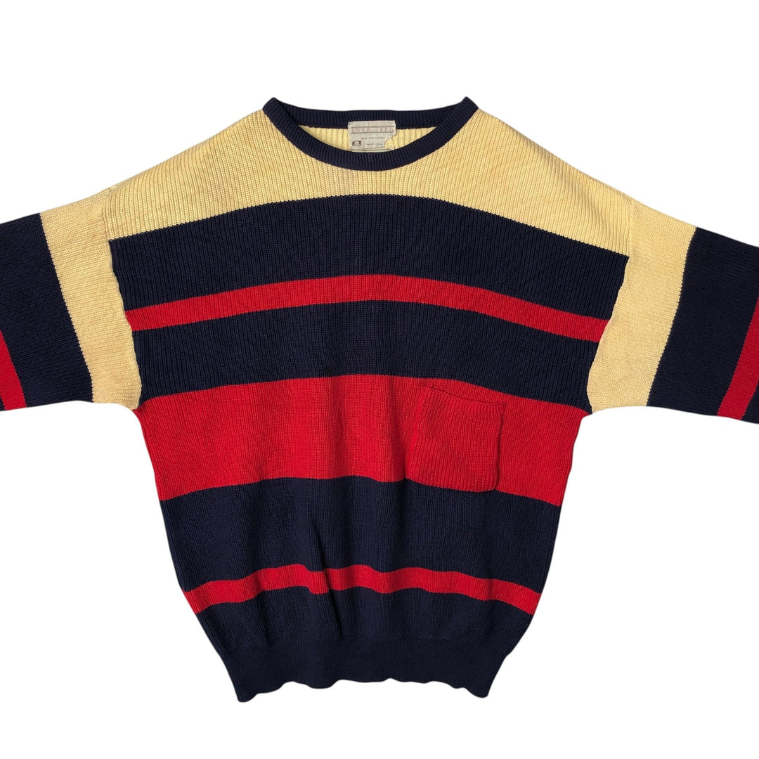 1980'S Lord Jeff The Whaler Rib Multi-stripe Cotton Knit Sweater, Made in USA, Men's Size L (approx.), Vintage cotton navy blue type Vintage Second Hand