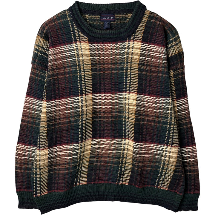 90'S GANT Check Pattern Cotton Knit Sweater, Men's Size XL (Equivalent), Vintage cotton green type Vintage Second Hand