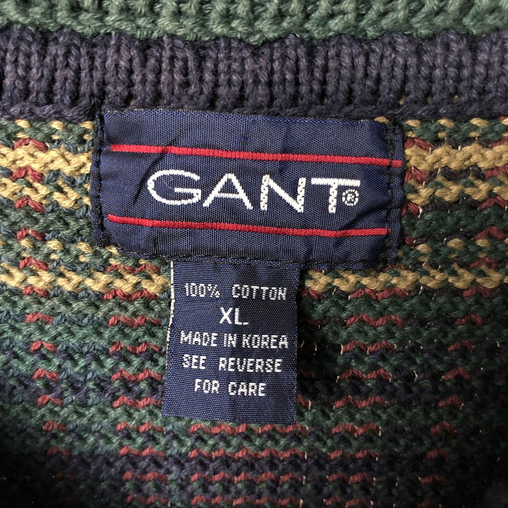 90'S GANT Check Pattern Cotton Knit Sweater, Men's Size XL (Equivalent), Vintage cotton green type Vintage Second Hand