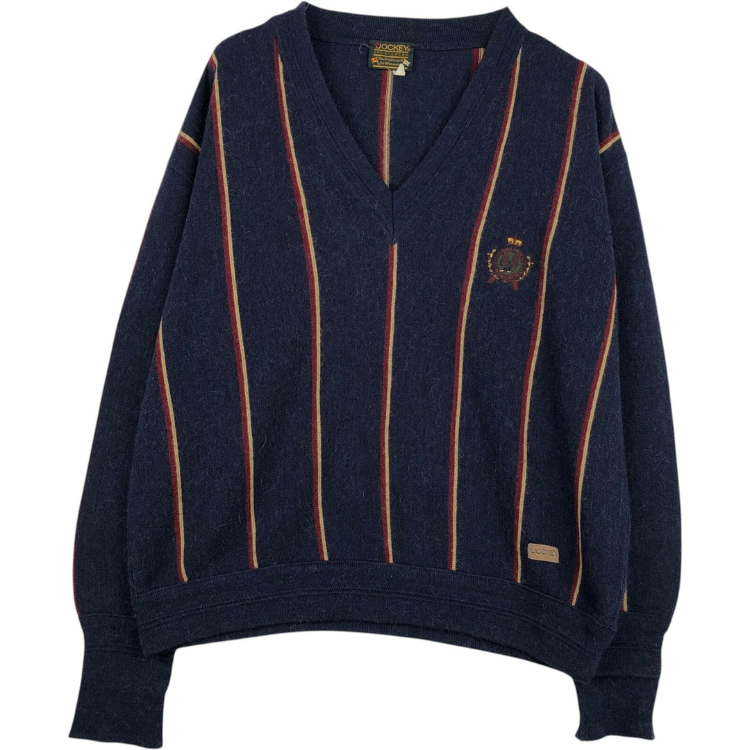 JOCKEY SPORTSWEAR Stripe Pattern V-Neck Knit Sweater, Made in Italy, Men's XL Equivalent, Vintage unclear navy blue type Vintage Second Hand
