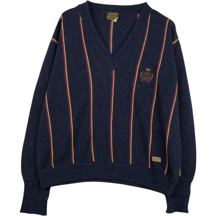 JOCKEY SPORTSWEAR Stripe Pattern V-Neck Knit Sweater, Made in Italy, Men's XL Equivalent, Vintage unclear navy blue type Vintage Second Hand