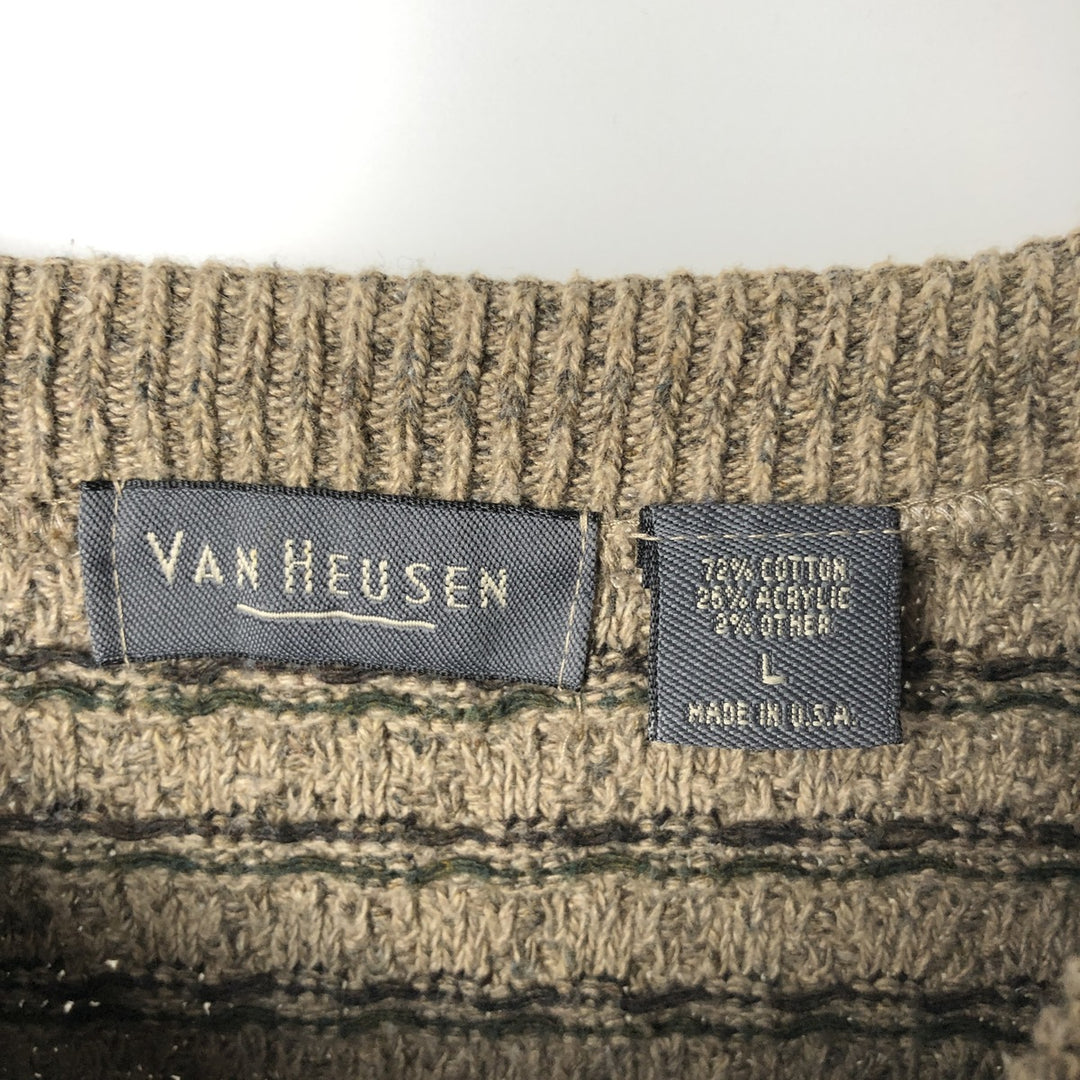 Van Heusen VAN HEUSEN all-over print cotton knit sweater, Made in USA, Men's size L cotton Khaki type beige Vintage Second Hand
