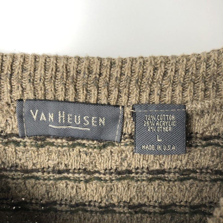 Van Heusen VAN HEUSEN all-over print cotton knit sweater, Made in USA, Men's size L cotton Khaki type beige Vintage Second Hand