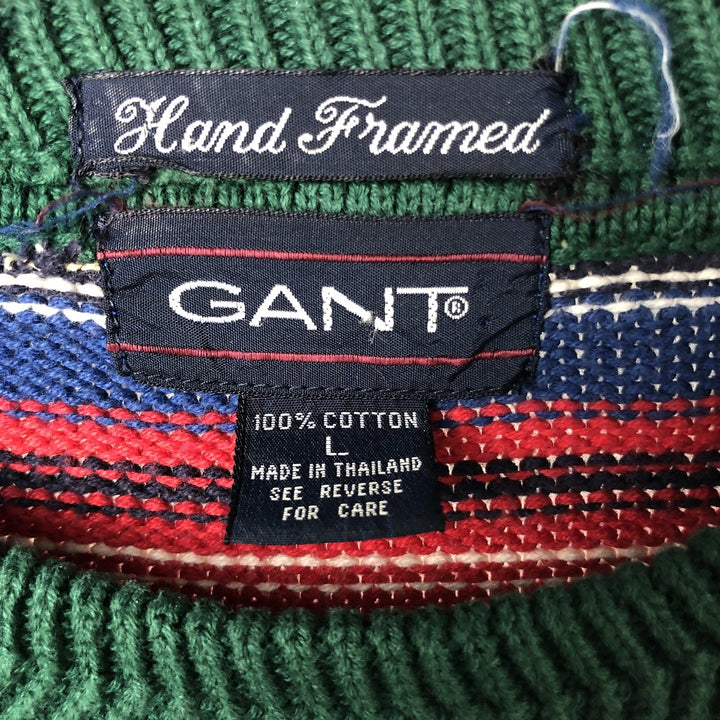 90'S GANT Hand Framed Check Pattern Cotton Knit Sweater, Men's Size L (Equivalent), Vintage cotton green type Vintage Second Hand