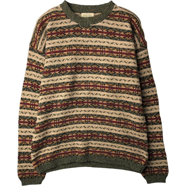 1990'S St. John's Bay Fair Isle Pattern Cotton Knit Sweater, Made in USA, Men's Size M (approx.), Vintage cotton Khaki type sage green Vintage Second Hand