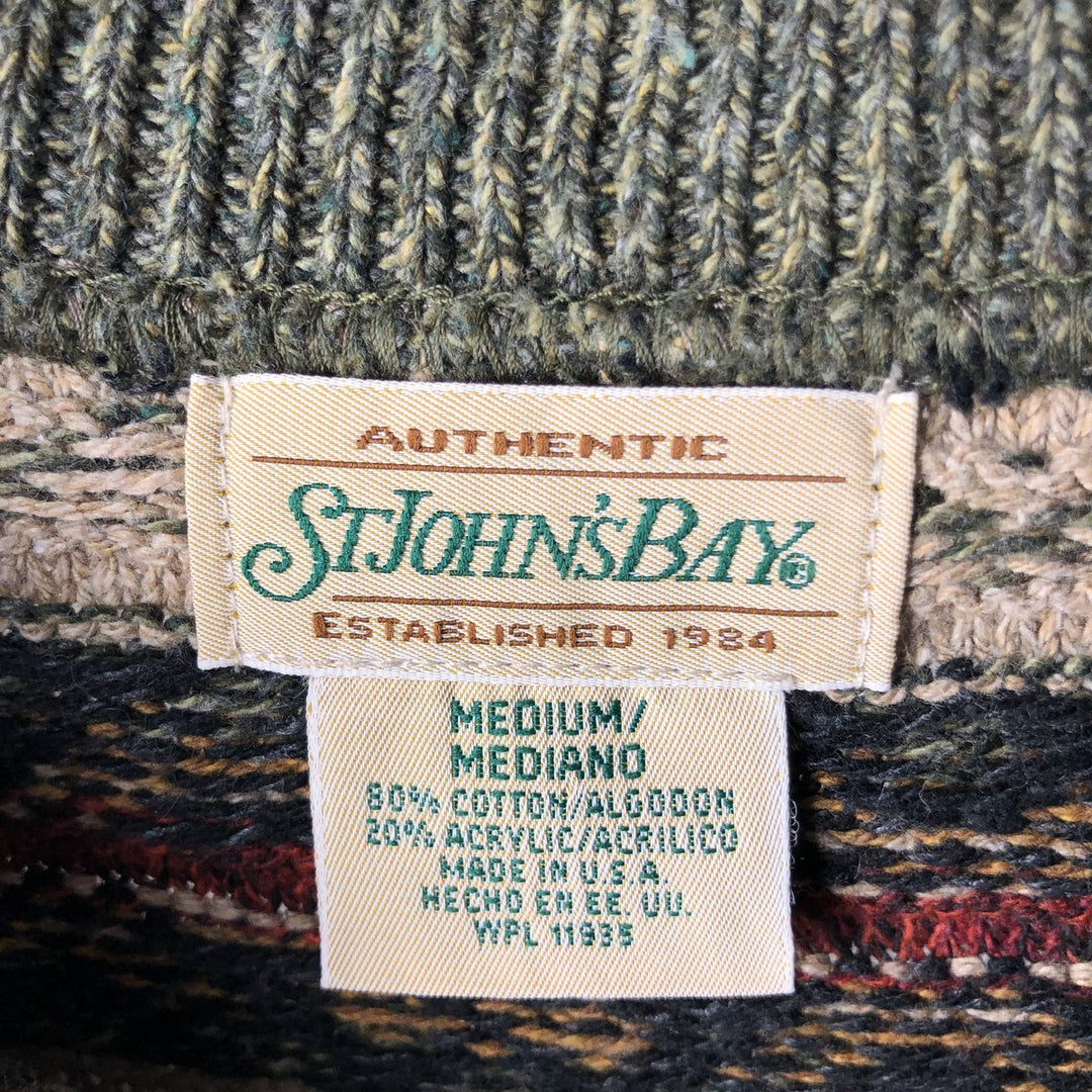1990'S St. John's Bay Fair Isle Pattern Cotton Knit Sweater, Made in USA, Men's Size M (approx.), Vintage cotton Khaki type sage green Vintage Second Hand