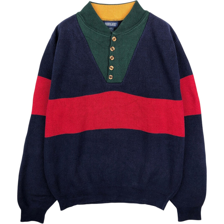1990'S Lands' End Henley Neck Cotton Knit Sweater, Made in USA, Men's Size L (approx.), Vintage cotton navy blue type Vintage Second Hand