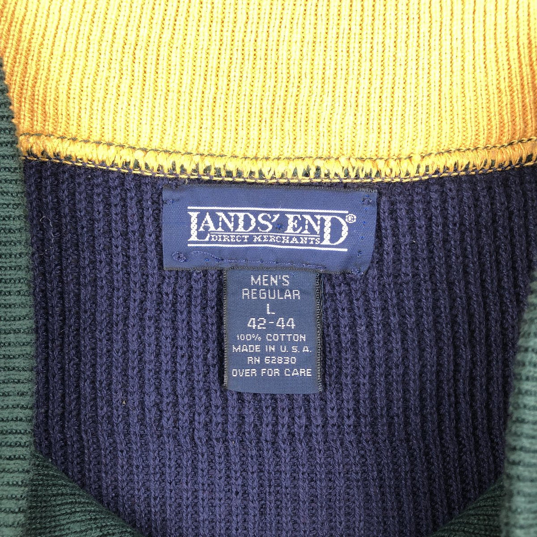 1990'S Lands' End Henley Neck Cotton Knit Sweater, Made in USA, Men's Size L (approx.), Vintage cotton navy blue type Vintage Second Hand