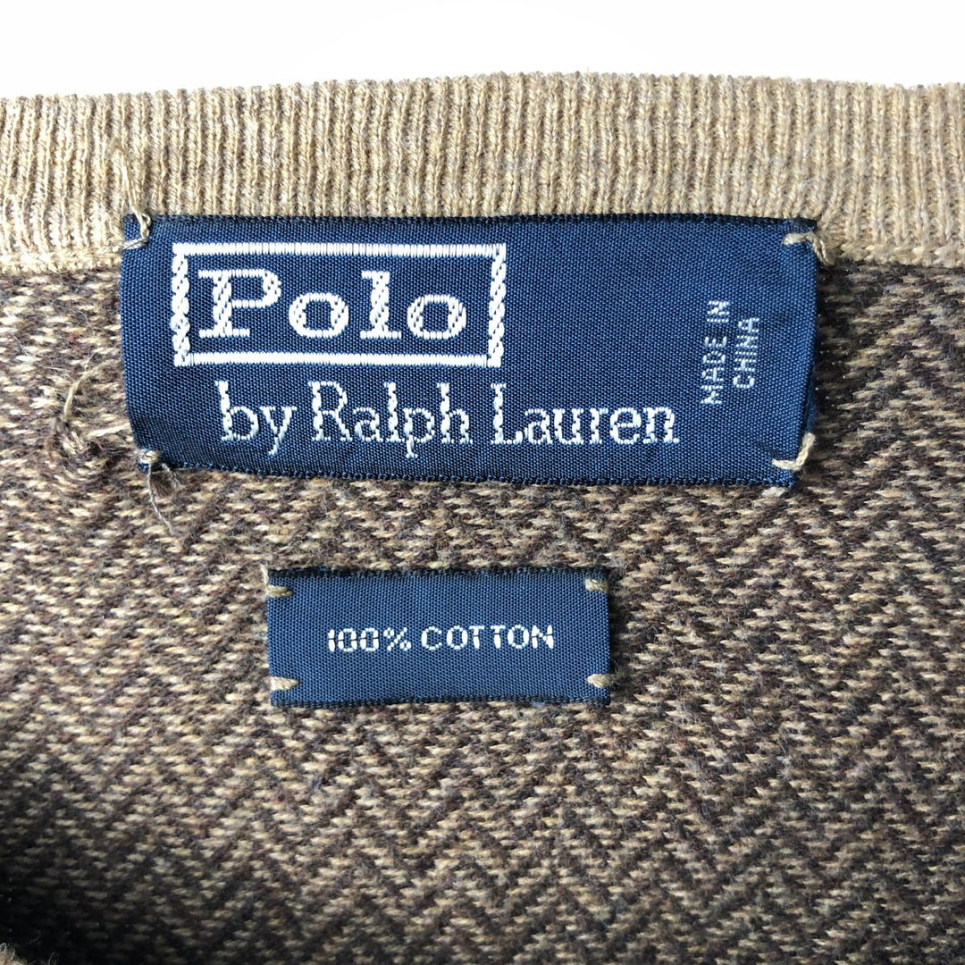 Ralph Lauren POLO by Ralph Lauren herringbone cotton knit sweater, men's size L equivalent, vintage. cotton beige type brown Vintage Second Hand