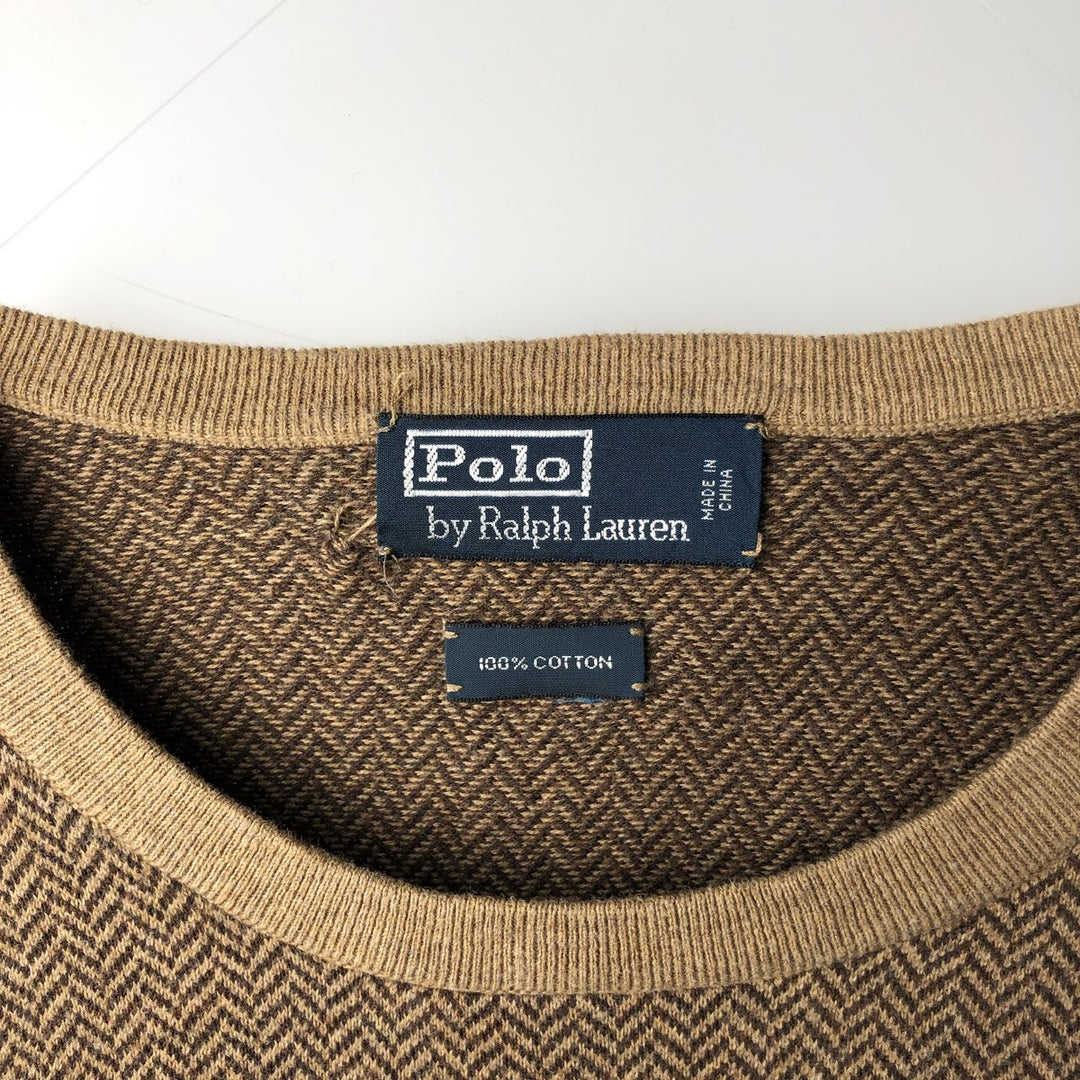 Ralph Lauren POLO by Ralph Lauren herringbone cotton knit sweater, men's size L equivalent, vintage. cotton beige type brown Vintage Second Hand