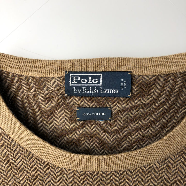Ralph Lauren POLO by Ralph Lauren herringbone cotton knit sweater, men's size L equivalent, vintage. cotton beige type brown Vintage Second Hand