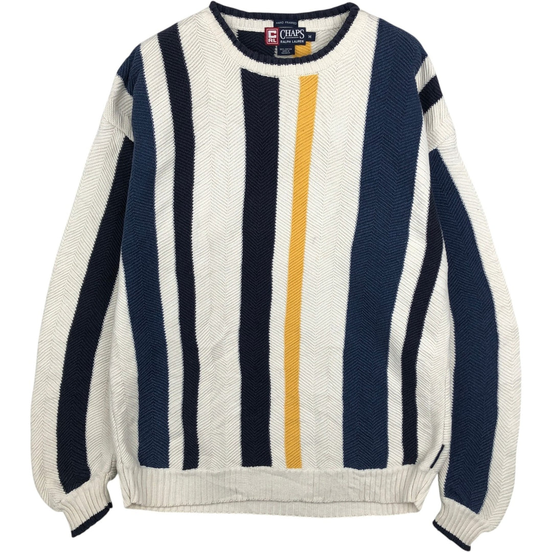 Ralph Lauren CHAPS Stripe Pattern Herringbone Cotton Knit Sweater, Men's Size M (approx.) cotton white type Vintage Second Hand