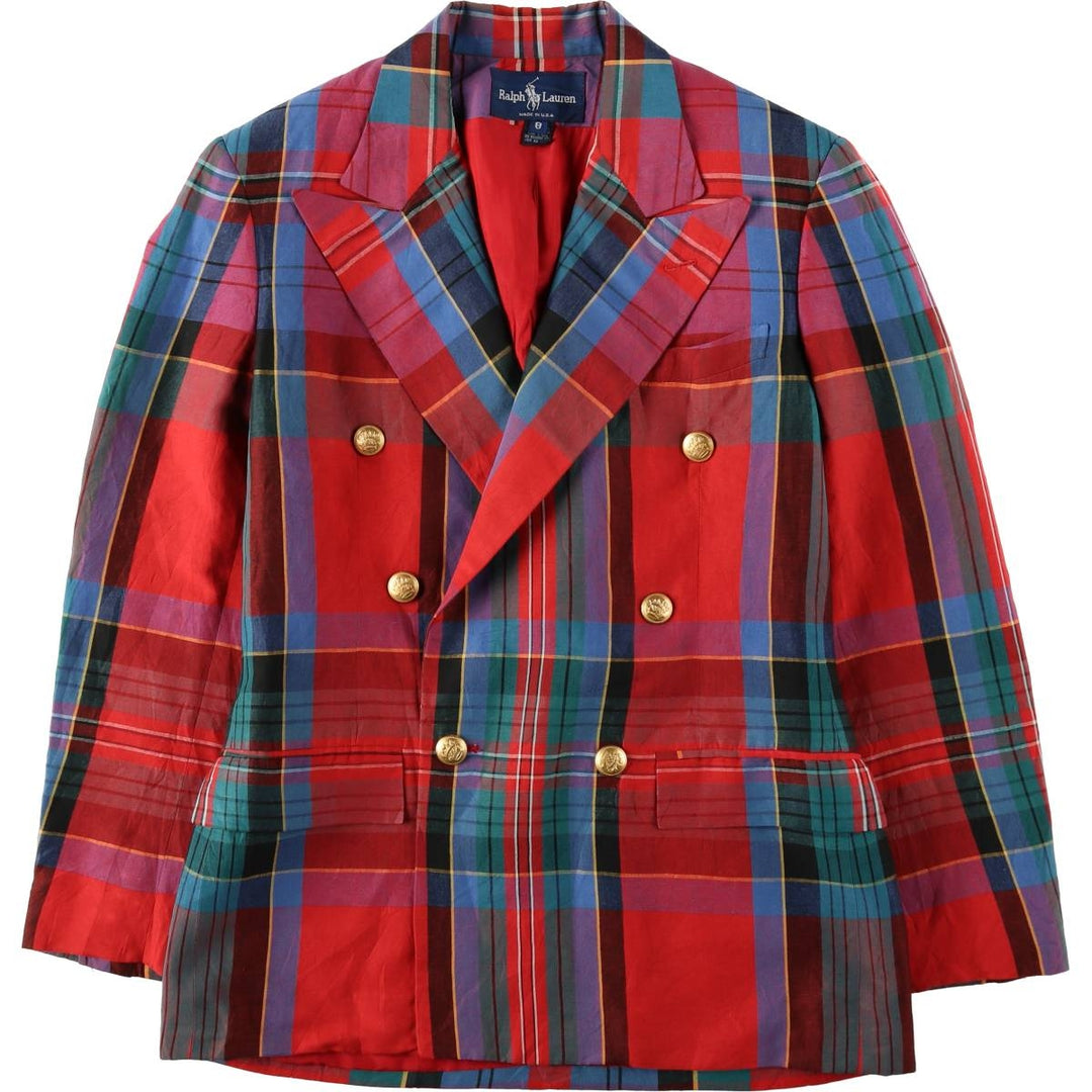 Ralph Lauren Check Pattern Peaked Lapel Double-Breasted Rayon x Linen Tailored Jacket, Made in USA, Women's Size L (approx.) linen red type Vintage Second Hand