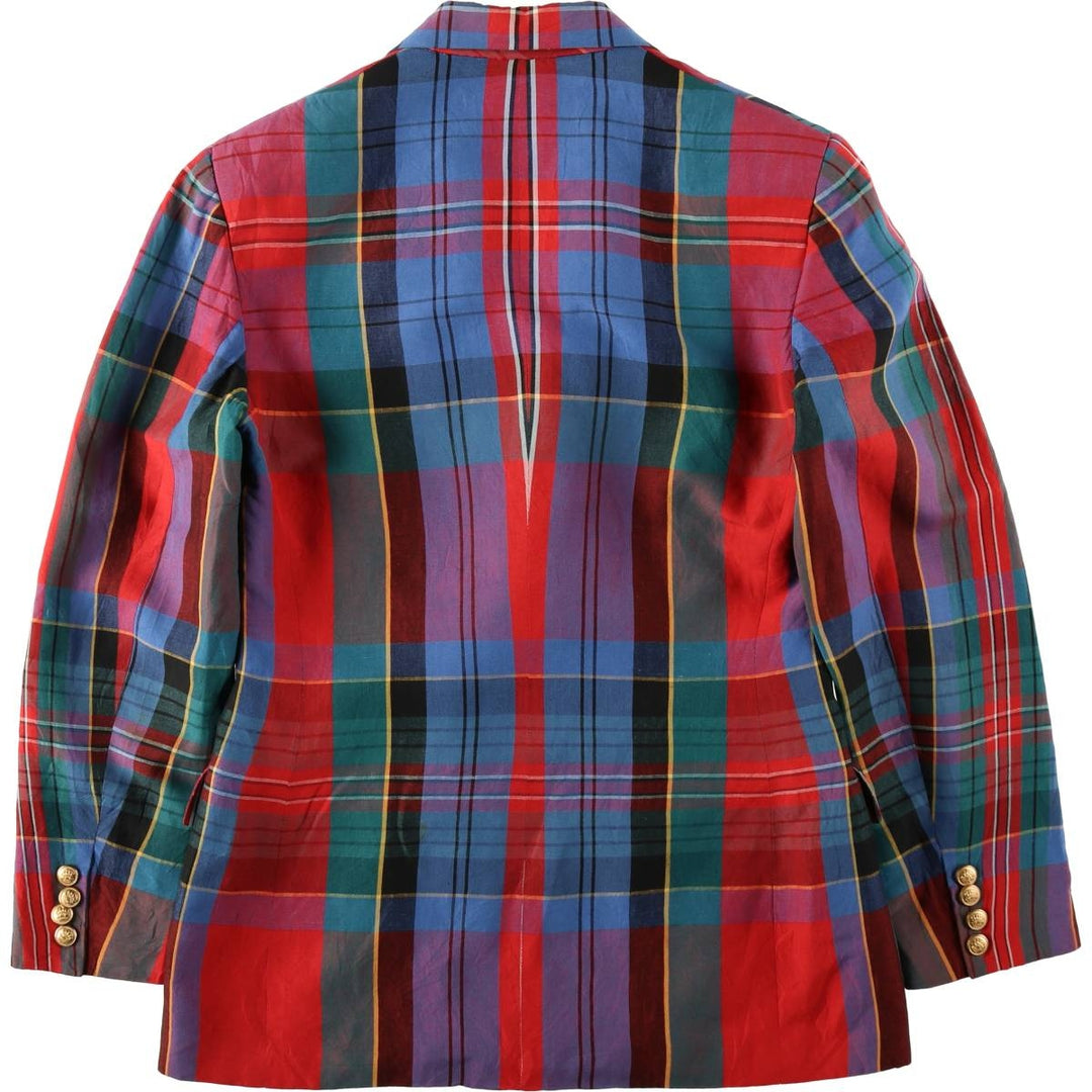 Ralph Lauren Check Pattern Peaked Lapel Double-Breasted Rayon x Linen Tailored Jacket, Made in USA, Women's Size L (approx.) linen red type Vintage Second Hand