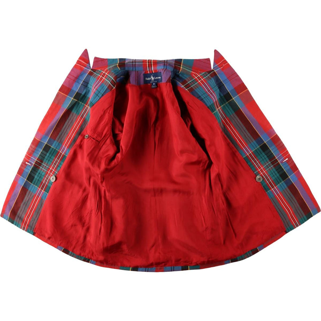Ralph Lauren Check Pattern Peaked Lapel Double-Breasted Rayon x Linen Tailored Jacket, Made in USA, Women's Size L (approx.) linen red type Vintage Second Hand