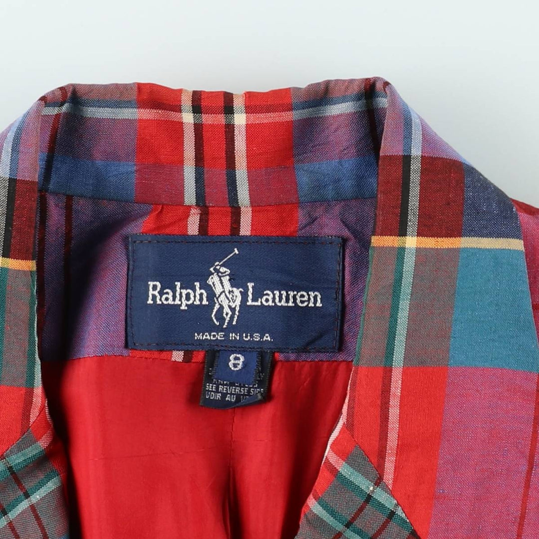Ralph Lauren Check Pattern Peaked Lapel Double-Breasted Rayon x Linen Tailored Jacket, Made in USA, Women's Size L (approx.) linen red type Vintage Second Hand