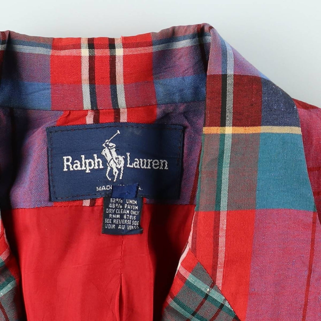 Ralph Lauren Check Pattern Peaked Lapel Double-Breasted Rayon x Linen Tailored Jacket, Made in USA, Women's Size L (approx.) linen red type Vintage Second Hand