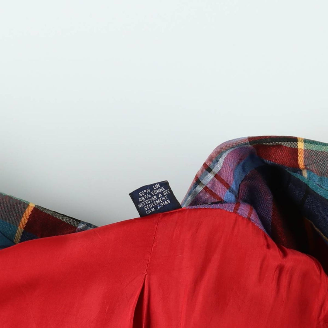 Ralph Lauren Check Pattern Peaked Lapel Double-Breasted Rayon x Linen Tailored Jacket, Made in USA, Women's Size L (approx.) linen red type Vintage Second Hand